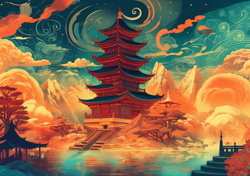 山间楼阁晚霞水塘古建筑国潮节日背景插画,插画/手绘图,插画/手绘图库,插画/手绘图下载,插画/手绘